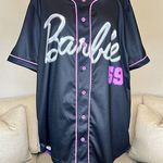BARBIE Baseball Jersey Top Pink Black Rise & Shine Button Up Shirt Mattel Large Photo 0