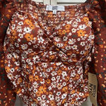 Madden NYC Floral Crop Top Long Chiffon Type Sleeves Ruched Smocked Tie Size L Orange Photo 1