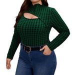 SheIn  SXY Long Sleeve Cut Out Blouse Green Houndstooth M Photo 2