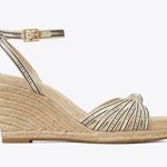 Tory Burch White Beige Logo Ribbon Wedge Espadrille Platform Sandals Heels Wedge Photo 2