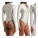 SKIMS  Disco Long Sleeve Bodysuit Mock Neck Thong Silver Women's Size Small Photo 2