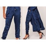 Missguided Blue Satin Lace-Up Side Joggers Pants Elastic Waist Size 10 Photo 1