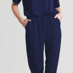 Clara Sun Woo Navy Crepe Open Back Short Sleeve Stretch Travel Jumpsuit Photo 0