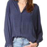 Free People  The Best Navy Button Front Lace Back Blouse Size Large Photo 0