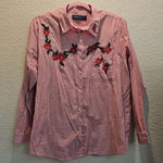 Karen Scott  Womens XL‎ Poinsettia Blouse Christmas  Red Stripe Button Collar Photo 0