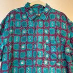 Creative Edge South Western Print Silk Button Up Blouse Size Large Short Sleeve Green Photo 5