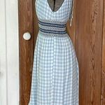 ALLEN SCHWARTZ Delilah Smocked Gingham Deep V Neck Midi Dress Photo 7