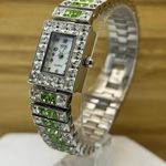 Suzanne Somers Deco Watch Green Square Channel Set Stones Women's Silver Tone Photo 0