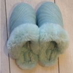 UGG  Scuffette Wavy Sky Slippers Sz 6 US Suede Sheepskin Fur Trim Mint Green Cozy Photo 6