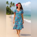 Hilo Hattie Hawaiian midi/maxi dress, turquoise and red, tropical print sz 14 Blue Photo 1