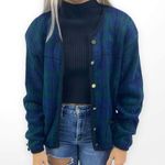 90s TALLY HO Green and Blue Plaid Gold Button Accent Button Up Cardigan Size L Photo 0