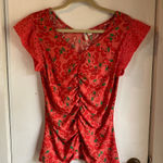 Cato  Cherrie Print Red Ruched Cap Lace Sleeve Blouse SZ Medium Photo 0