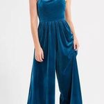 Urban Outfitters Emmabella Blue Velvet Straight-Neck Wide Leg Jumpsuit Sz Medium Photo 0