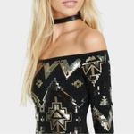 EXPRESS Off the Shoulder Black and Gold Aztec Sequin Dress Photo 1