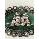Vintage Mexico Sterling Silver Brooch Pin Jade sleeping Figures Oval Green Photo 1