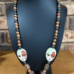 Artisan Vintage handcrafted beaded necklace hand-painted ceramic mask pendants owl motif Photo 0
