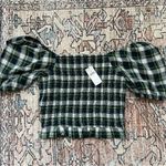 American Eagle  NWT Trendy Plaid Puff Sleeve Top Green Navy White Smocked Crop Photo 5