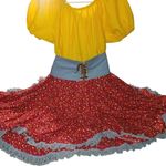 Dress Size ML Square Dance Country Farm Yellow Red Floral Skirt Blue Lace Trim Photo 12