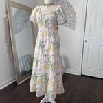 Place 100% Cotton White Pastel Green Pink Milkmaid Flamingo Floral Midi Dress L Size L Photo 3