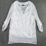 Women White Floral Lace Shirt Large V Neck Roll Tab Sleeve Boho Romantic Coastal Photo 0