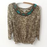 Chico's CHICO’S Beaded Neckline Sheer Blouse Womens Medium Turquiose Boho Print Earthy Photo 1