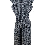 Monteau Women's L Navy Floral Cap Sleeve Midi Shirt Dress with Tie Waist Pockets Photo 0