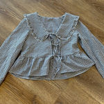 SheIn women's babydoll peplum plaid blouse with long puff sleeves and a bow tie front Photo 0