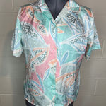shirt button down short sleeve satin pastel pink green shoulder pads Size XL Photo 0