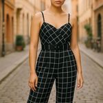 American Vintage Y2K Black White Plaid Sleeveless Jumpsuit Medium-Contempo Plaid Belted Jumpsuit Photo 1