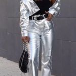 ZARA Z1975 STRAIGHT-CUT HIGH-WAIST METALLIC JEANS SILVER CROP SIZE 2 NEW Photo 1