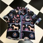 Patbo Satin Cordel Print Scarf Pattern Short Sleeve Button Down Peacocks Multi S Photo 3