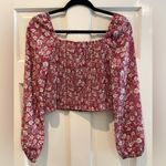 Pink Rose Floral Smocked Off Shoulder Long Sleeve Blouse Pink White Size Medium Photo 2