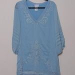 Soft Surroundings  Womens Tunic Dress Ice Blue Floral V Neck Metallic Eyelets L Photo 9