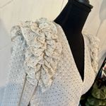 VICI Size XS Cream Polka Dot Chiffon Ruffle Shoulder Wrap Blouse Cropped Unique Photo 3