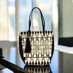 Lucky Brand  Reeve tote black Bag white‎ embroidered hobo boho look 13" x 15" Photo 1