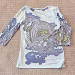 Yukiko 3/4 Blue & Green Bird and Floral Graphic Top Size L Photo 3