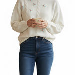 Vintage 90s White Cable Knit Floral Sweater Rosette M Size M Photo 0