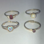 Lot of 4 Vintage Adjustable CZ Rhinestone Enamel Faux Pearl Boho Rings Silver Photo 1