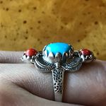 Sleeping Beauty Turquoise Coral Sterling Silver Feather Ring Size 8 Photo 1