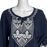 J.Crew Shirt Women Medium Tunic Navy Blue White Embroidered Blouse Boho Peasant Photo 3