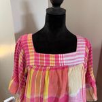 BeachLunchLounge  Square Neck Plaid Flutter‎ Sleeve Blouse Pink Yellow Orange XL Photo 1