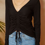 Free People  Beach Women’s M Long Sleeve Ruched‎ Top Black Textured Crepe Cinched Photo 0