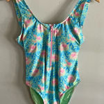 Pink Lily  Floral Zip-Front One Piece Swimsuit Blue Pink Green Size Medium Photo 0