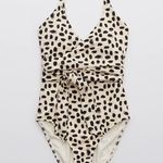 Aerie Pique Wrap One Piece Swimsuit Animal Print Tan Black Size Large beach Photo 2