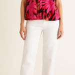 J.Crew Pink Red Tropical Leaf Print Tie Shoulder Sleeveless Top Size L NWT Photo 0