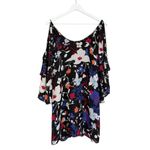 Parker  100% Silk Floral Cold Shoulder Tiered Sleeves Mini Dress Black Blue Small Photo 5