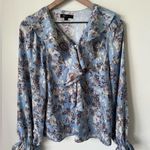 Frye Ruffle Front Long Sleeve Blouse Slate Blue Combo Small Photo 1