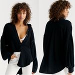 Free People  Oversized Slouchy Studded Waffle Knit Button Down Shirt Black Large Photo 7