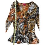 Sunny Leigh Vtg Y2K Psychedelic Pleated Top Women’s Size L Retro Stretch Blouse Photo 3
