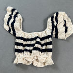 ZARA  Woman Cropped Knit Top L Navy White Stripe Off Shoulder Puff Sleeve Ruffle Photo 0